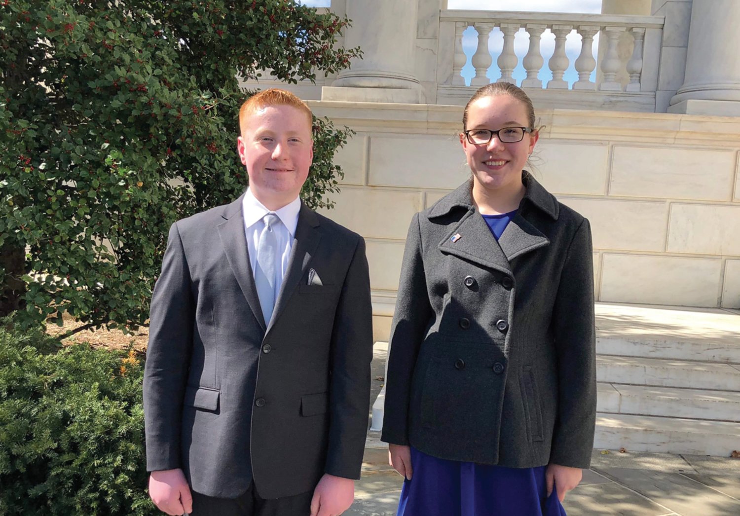 Lucy Wilcox, 14, and Asher Adams, 13, were selected out of about a dozen eighth graders at Centralia Christian School who went on a trip to the Washington, D.C., area.
